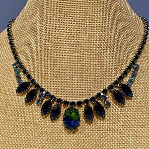 Stunning Vintage Juliana Rhinestone Blue and Green Cabochon Necklace